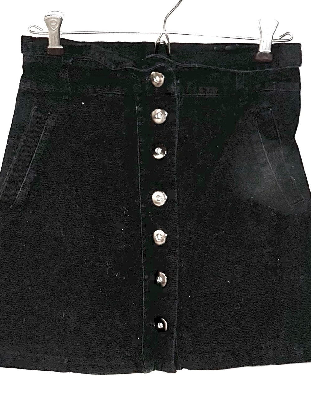 S - Black Button-Front A-Line Flared Waist Jean Mini Skirt
